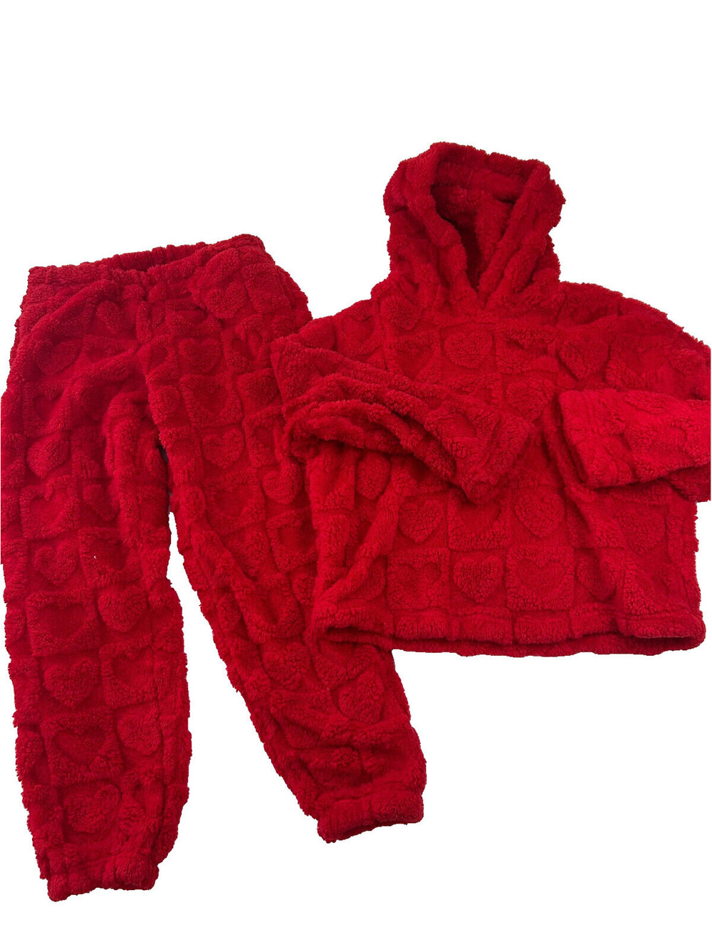 Joyspun Women’s Red Embossed Plush Fleece Hoodie & Joggers Pajama Set Heart Sz S